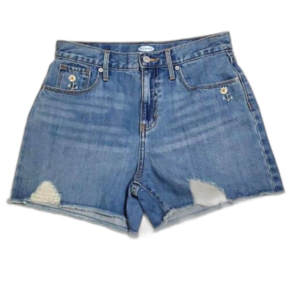 Old Navy Girls Sz 16 Denim Jean Shorts Raw Hem Adjustable Waist Daisy Flowers